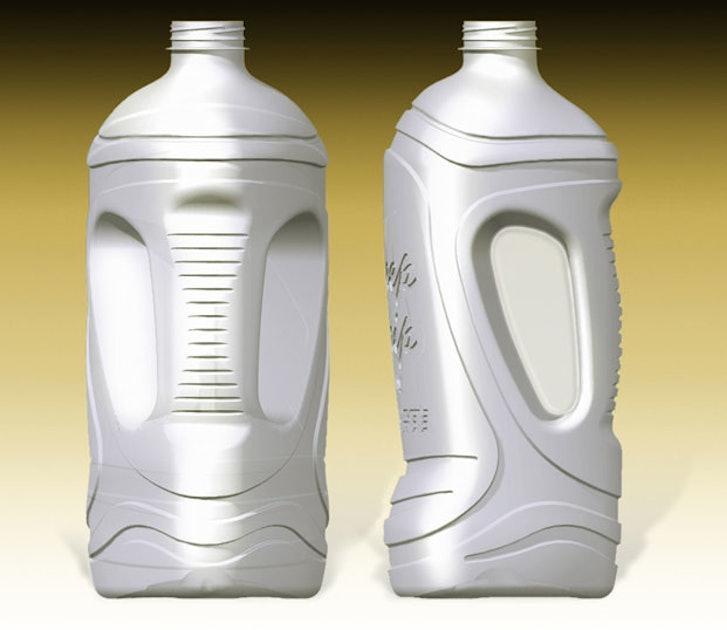 Blow molded plastic part design guidelines showing reinforced panels that strengthen large flat bottle surfaces