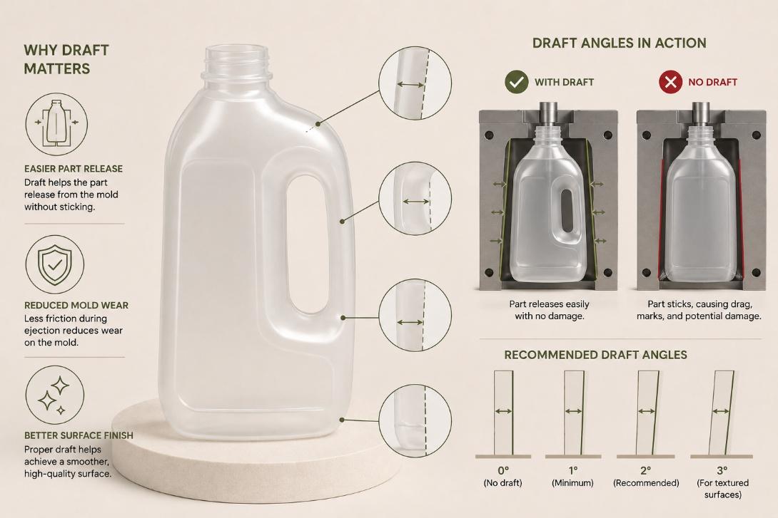 Blow molded plastic part design guidelines demonstrating draft angles for easier release from the mold