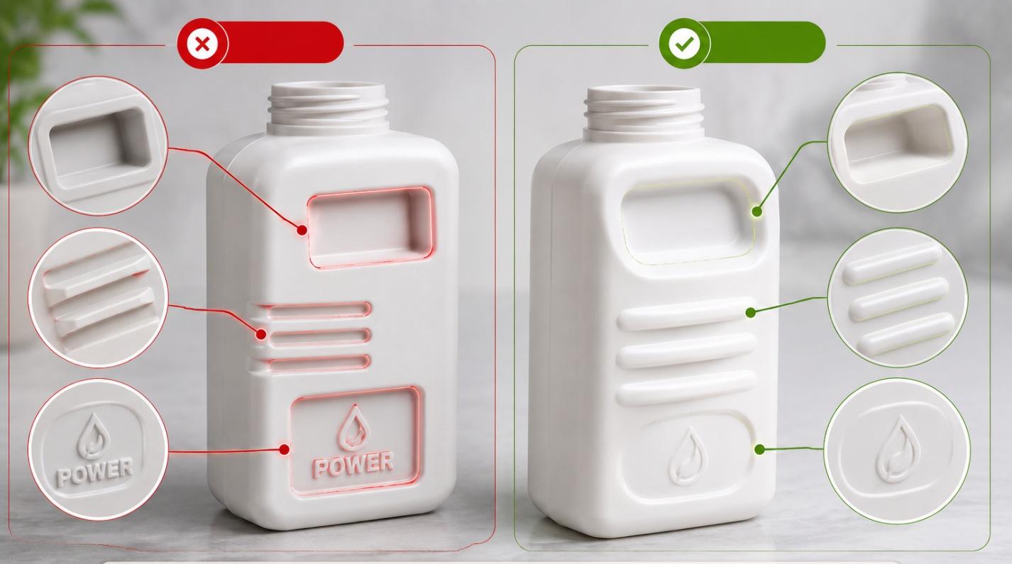 Blow molded plastic part design guidelines comparing sharp recesses with smooth molded features