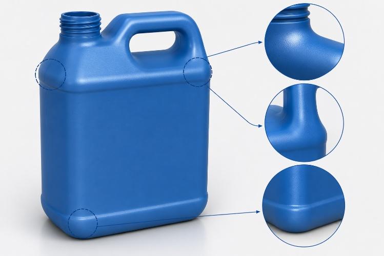 Blow molded plastic part design guidelines showing wall thickness distribution analysis for a hollow container