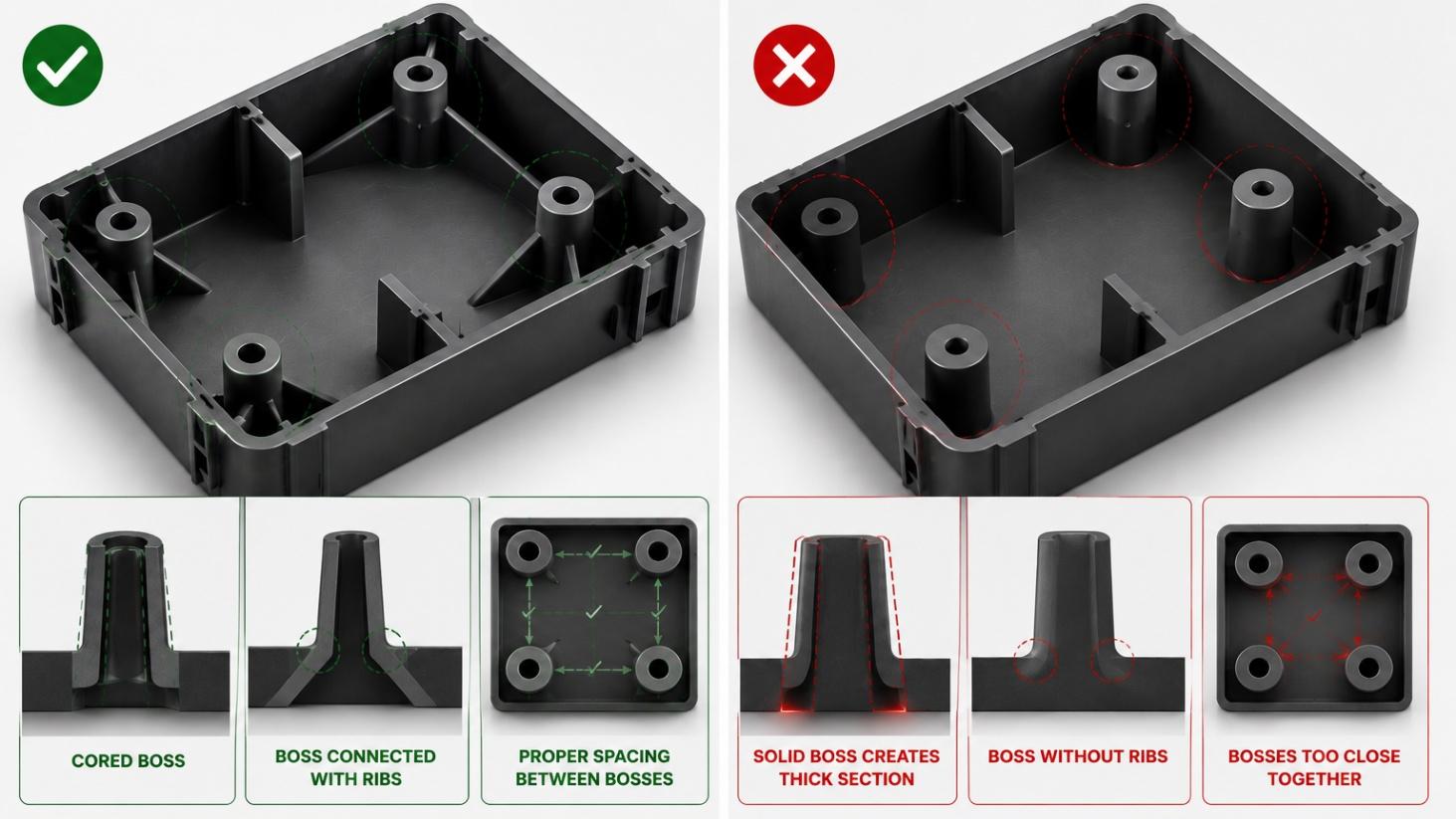 Injection molded plastic part design guidelines comparing cored and solid bosses, rib support, and proper boss spacing