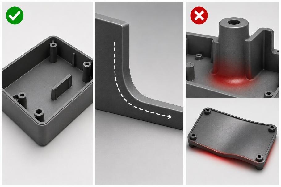 Injection molded plastic part design guidelines comparing rounded corners and reinforced bosses with defect-prone designs