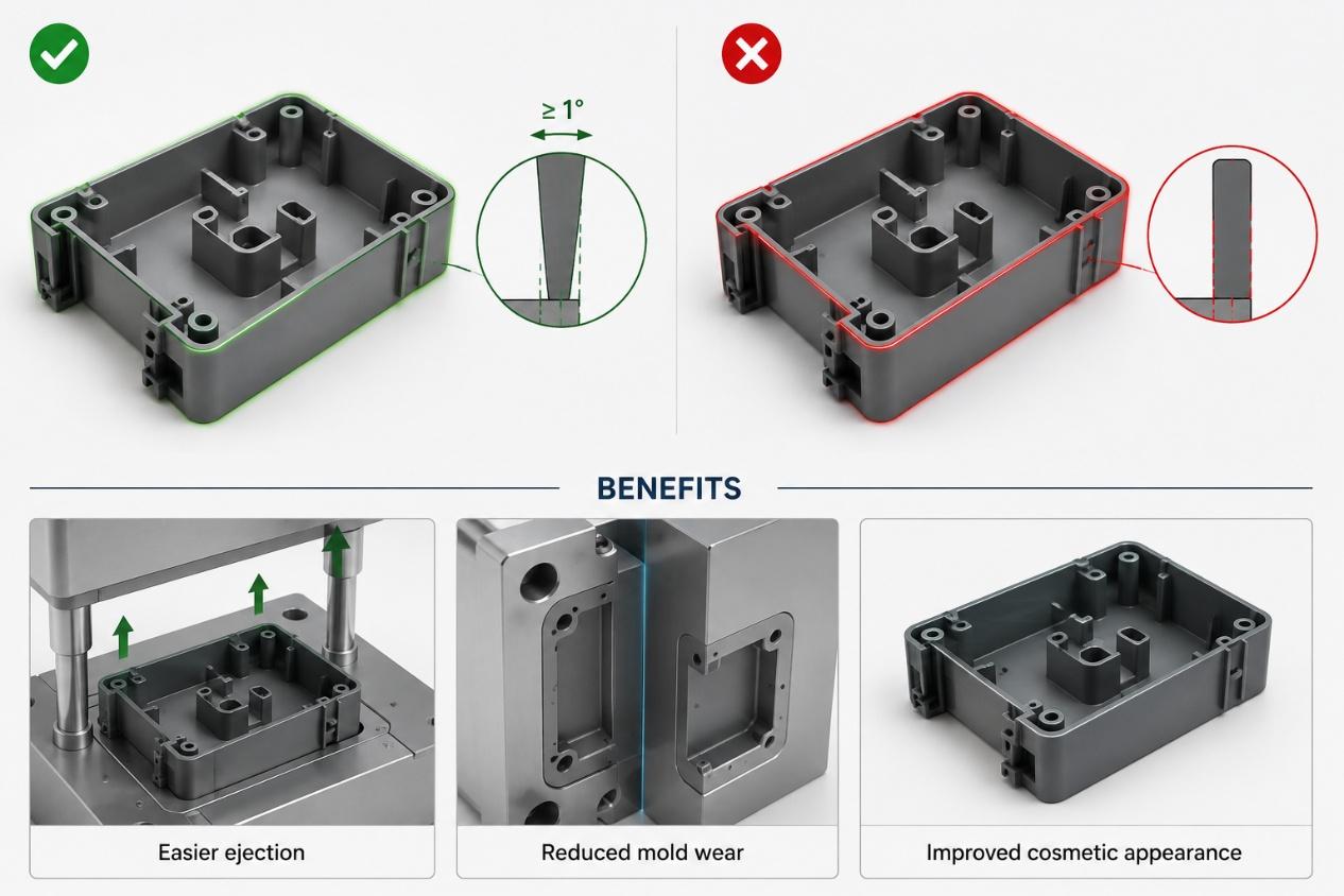 Injection molded plastic part design guidelines showing how draft angles improve ejection, mold wear, and appearance