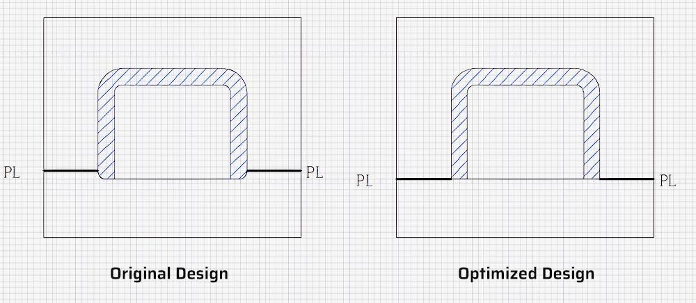 Injection molded plastic part design guidelines comparing original and optimized parting line placement