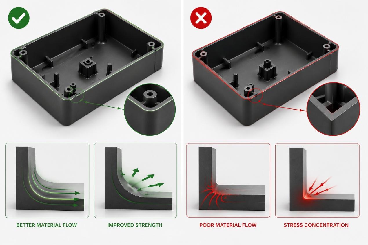 Injection molded plastic part design guidelines comparing rounded and sharp corners for material flow and stress reduction