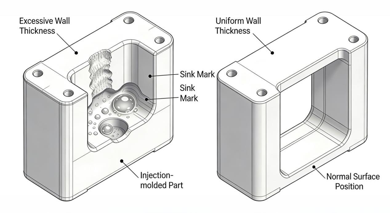 Injection molded plastic part design guidelines comparing excessive and uniform wall thickness to prevent sink marks