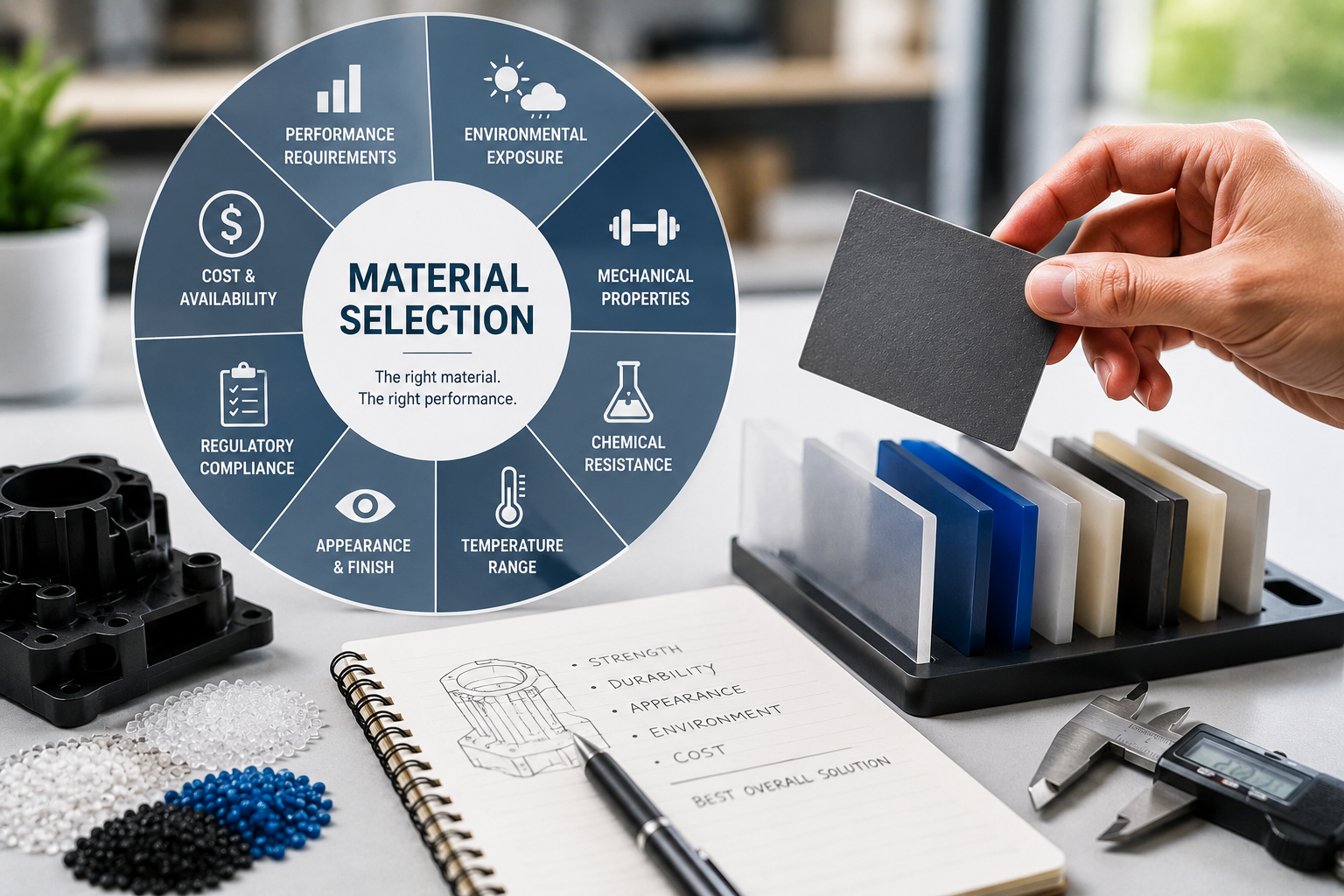 Material selection guidelines for plastic manufacturing based on performance, environment, cost, and regulatory requirements