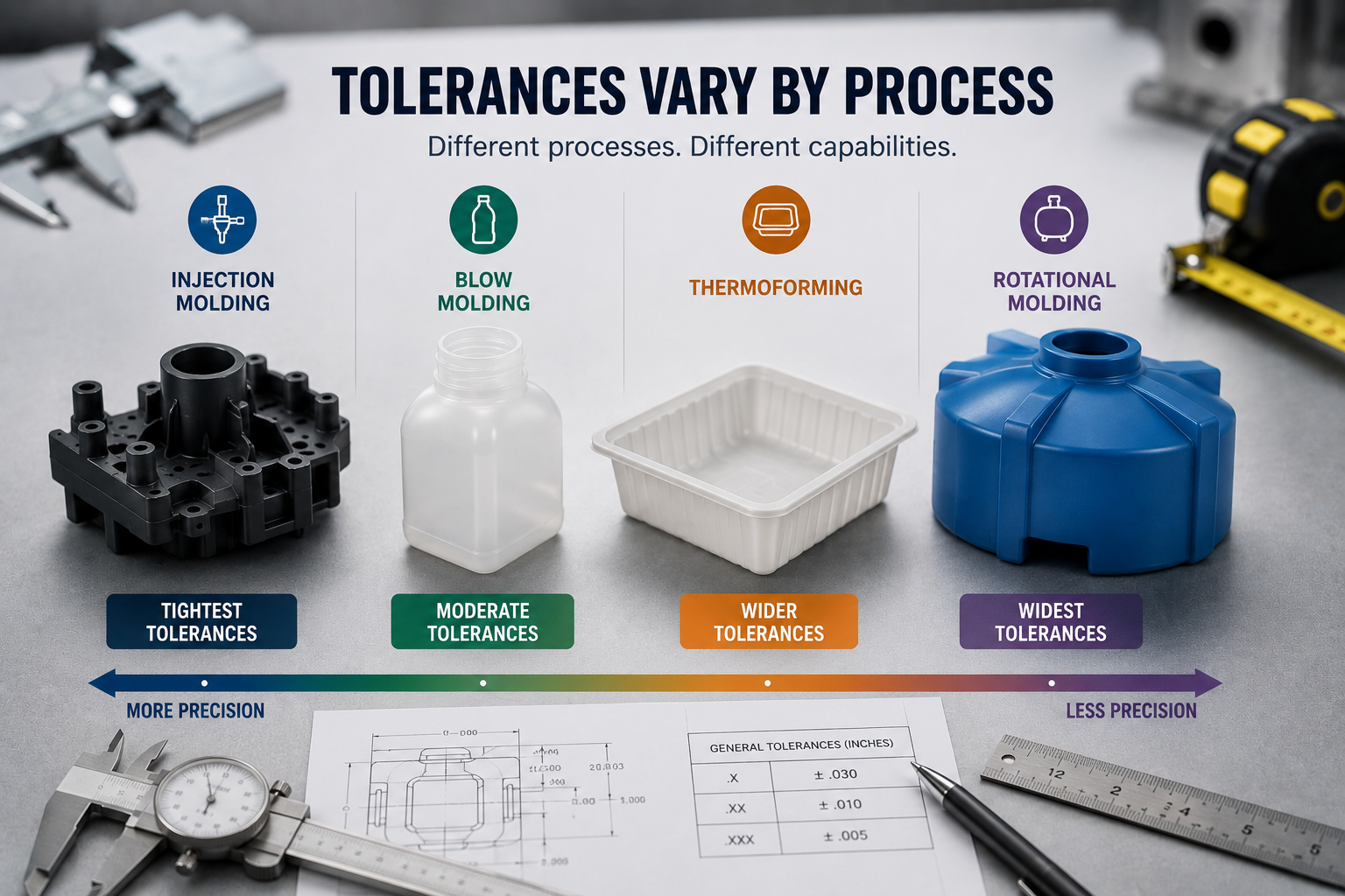 Achievable tolerances in plastic manufacturing across injection molding, blow molding, thermoforming, and rotational molding