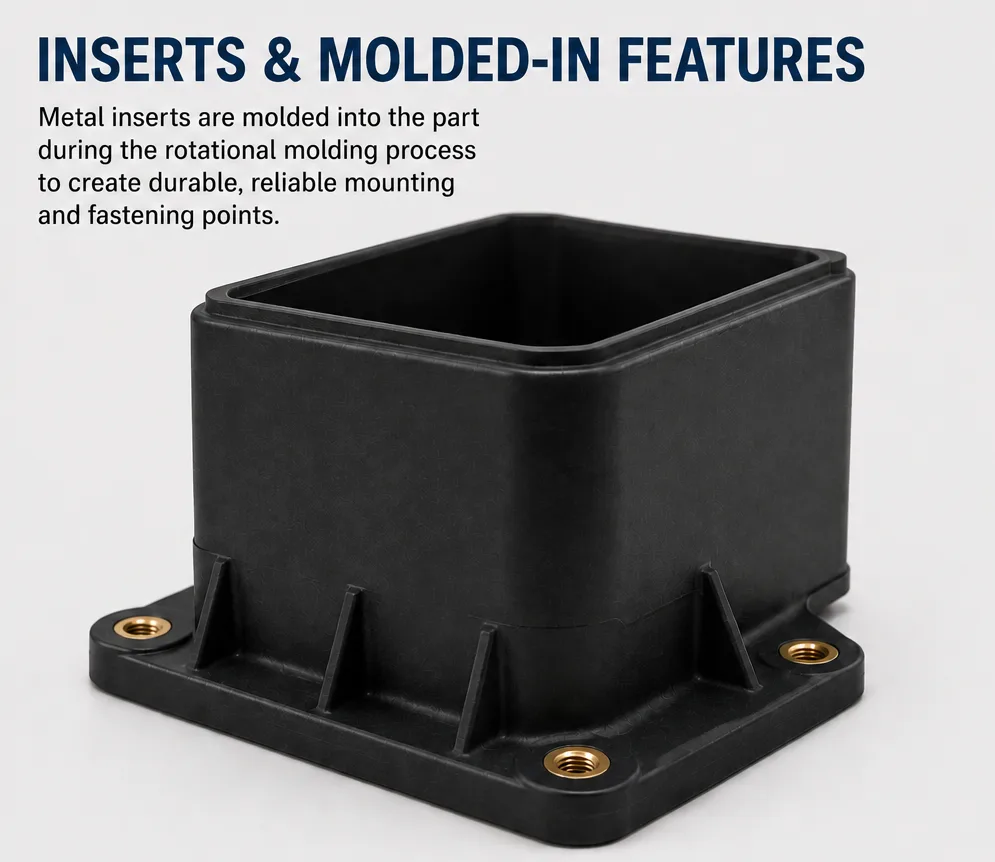 Rotational molded plastic part design guidelines showing molded-in metal inserts on a reinforced enclosure