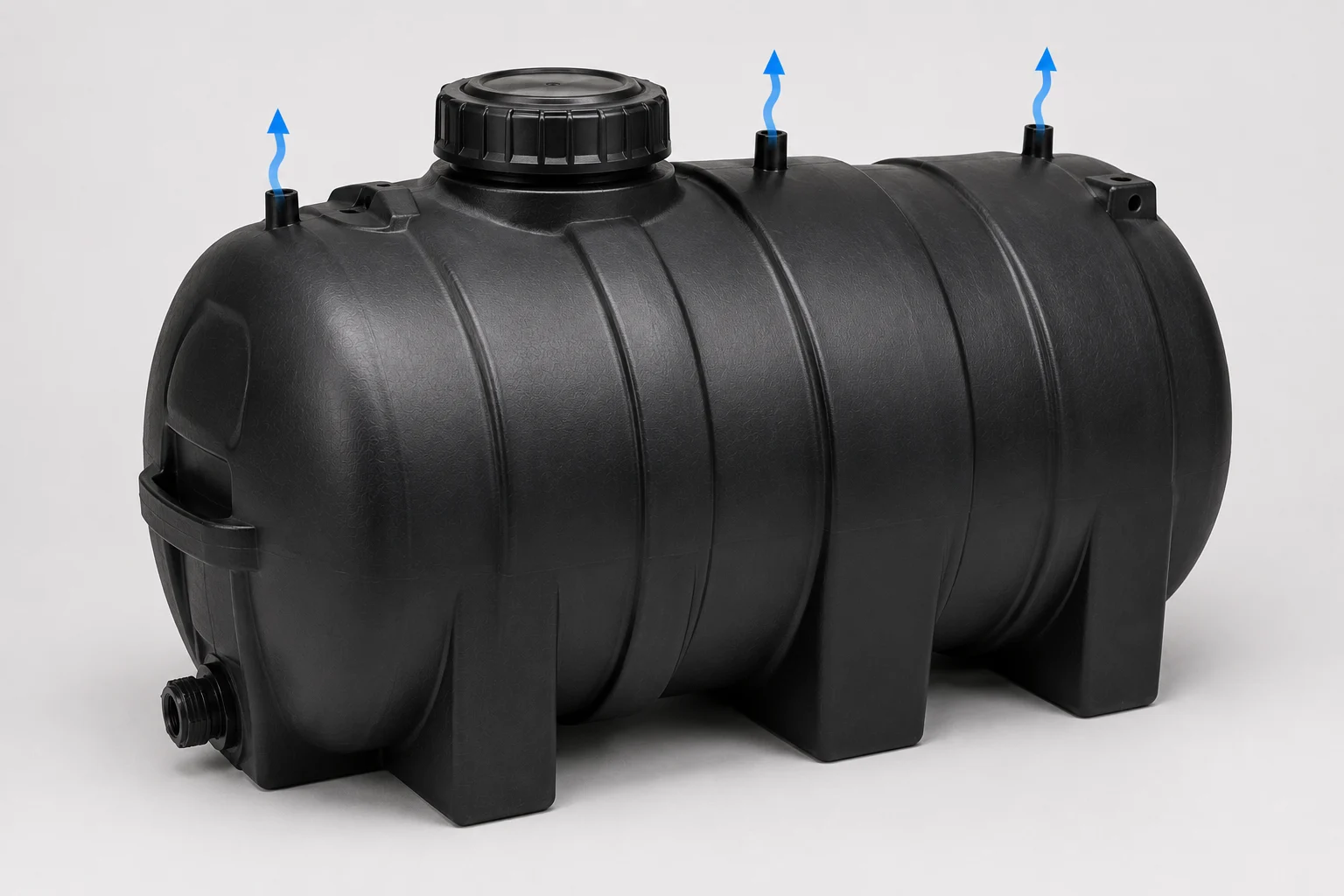 Rotational molded plastic part design guidelines showing vent locations on a hollow plastic tank