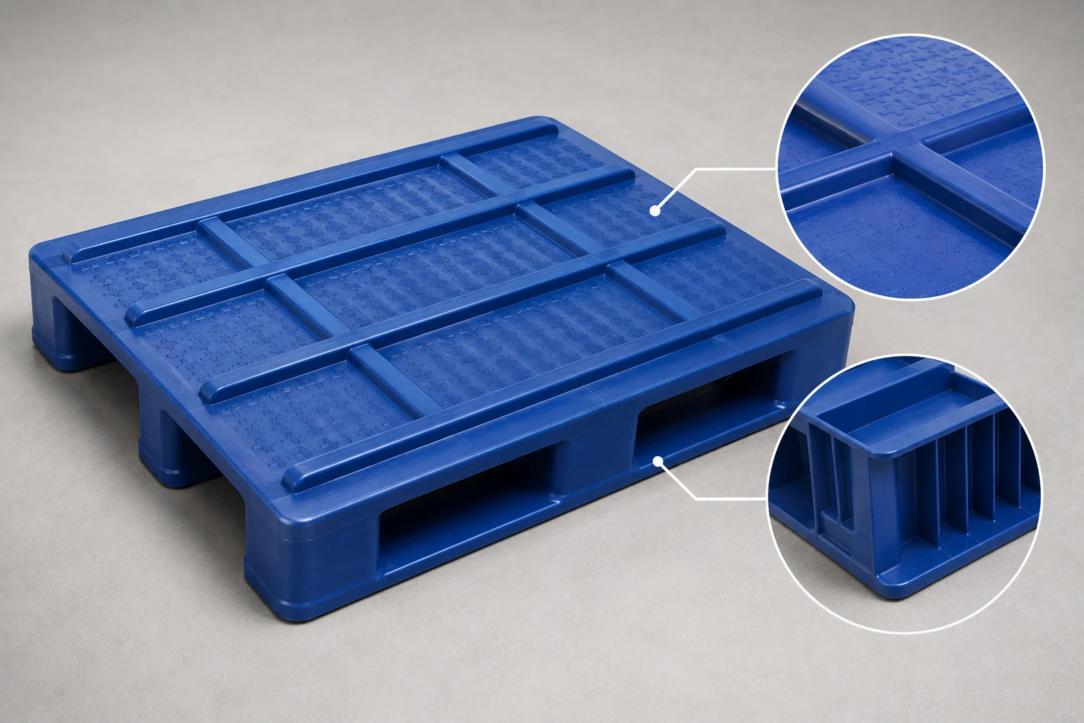 Rotational molded plastic part design guidelines showing reinforcing ribs that improve plastic pallet stiffness