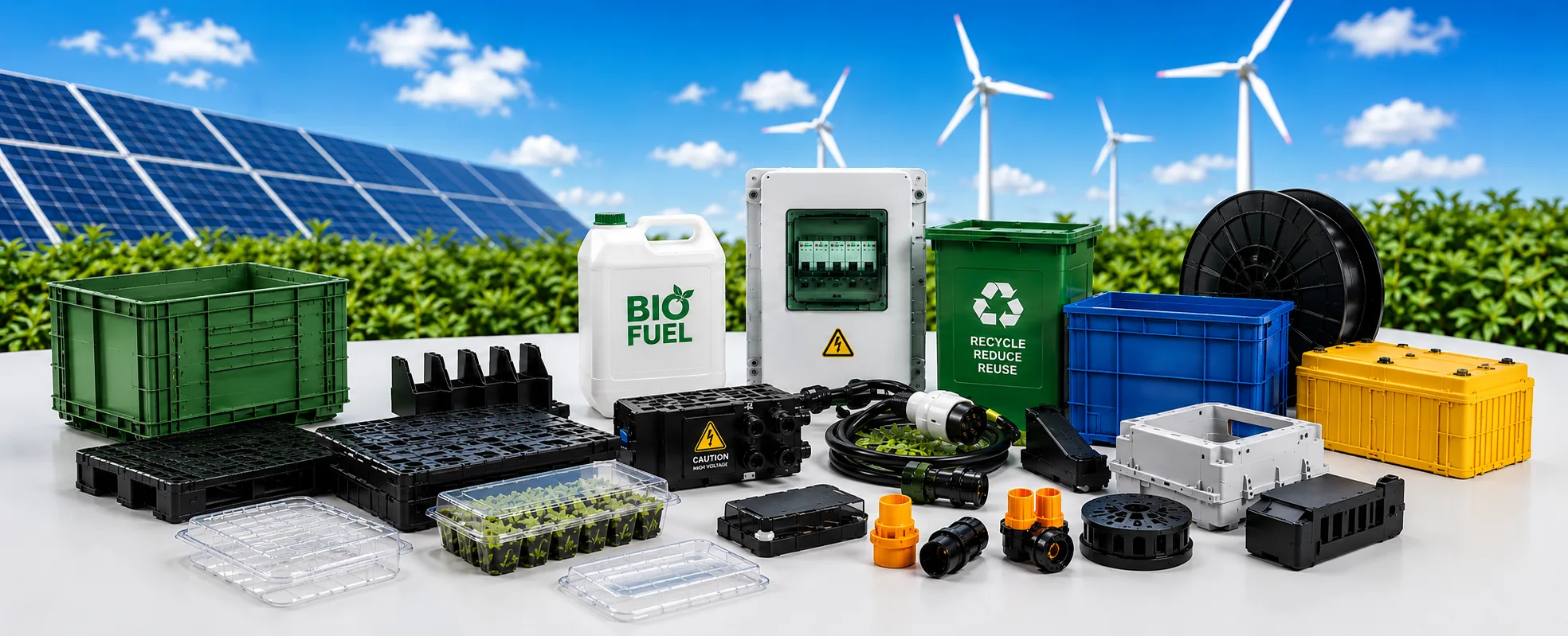 Sustainability and renewable plastic manufacturing solutions using recycled materials and environmentally responsible processes