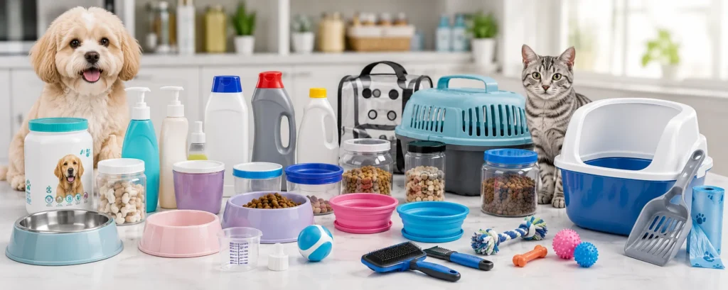 Custom plastic molding and manufacturing for pet care products, including bowls, food containers, carriers, grooming tools, and toys