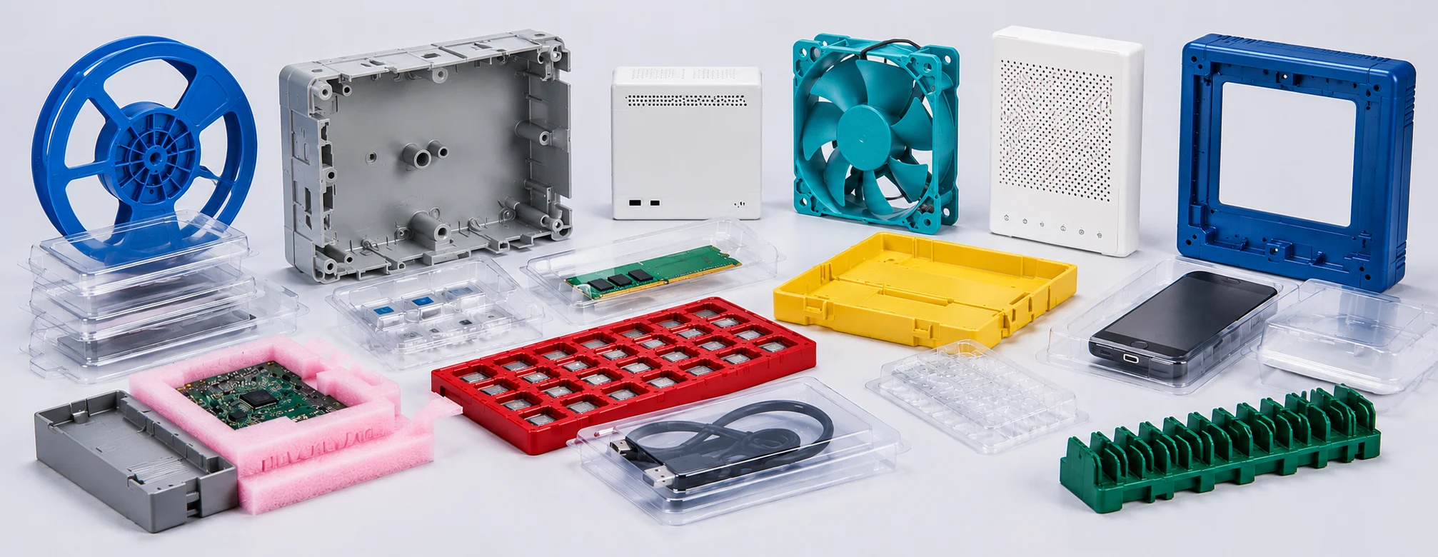 Electronics plastic injection molding and contract manufacturing for device housings, cooling components, trays, and protective packaging