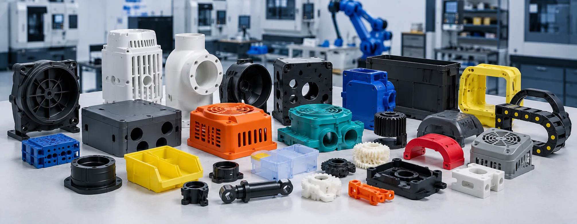 Custom plastic molding and manufacturing for industrial equipment, including housings, gears, enclosures, and machine components